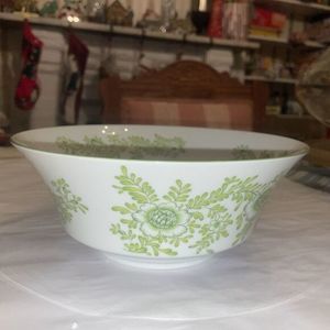 Beautiful 9" Vintage White Glass Bowl With Green Floral‎ Pattern, Stamped 9225